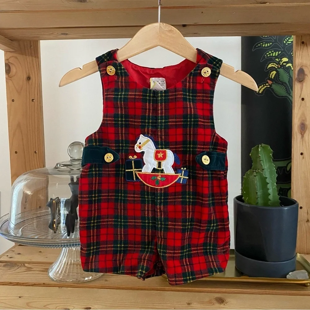 Vintage Red Green Velvet Plaid Christmas Holiday Rocking Horse Applique Jon Jon